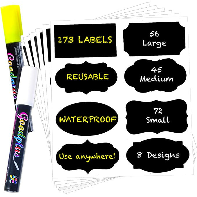 173 Pack Premium Chalkboard Label Stickers Bulk with 2 Chalk Markers  Reusable  Removable  and Waterproof Food Labels for Kitchen and Pantry Containers  Mason Jars  Kids' Bottles  and Storage Bins