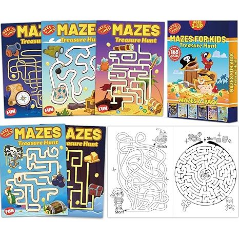 168 Pages Treasure Hunt Maze Books for Kids Ages 3-8  6-Pack- 6 Beginner Level Kids Activity Books Busy Books - Treasure Hunt Theme Children Amazing Mazes Fun Games Birthday Gifts