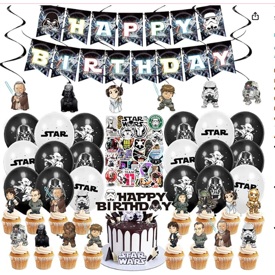 110pcs Star Wars Birthday Decorations Party Supplies Includes Birthday Banner  Hanging Swirls  Cake Topper  Cupcake Toppers  Balloons  Foil Balloon  Stickers  Tablecloth