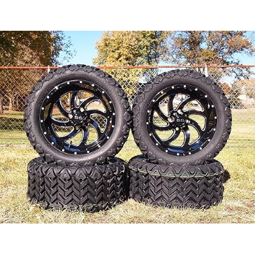 14" Glossy Black Phantom Golf Cart Wheel Milled Spokes W/ 23x10-14 All Terrain Tire  DOT Certified  Compatable With EZGO/Club Car/YMH; 5"or 6" Lift Kit Required