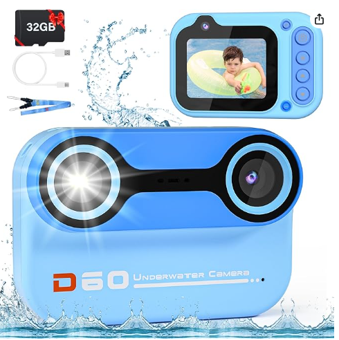 10FT Underwater Camera for Kids  Kids Waterproof Camera  1080P Video Camera for Snorkeling  Christmas Birthday Gifts Pool Toys for Boys Ages 4-12  Toddler Digital Action Camera with 32GB Card (Blue)