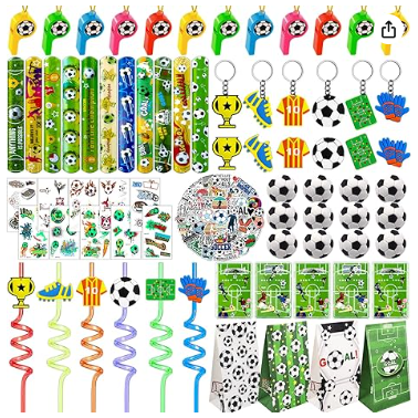 158 PCS Soccer Party Favors Set with Soccer Goodie Bags Soccer Slap Bracelets Soccer Straws Puzzle Tattoo Stickers Erasers Keychains Whistle Soccer Party Supplies Soccer Party Decorations